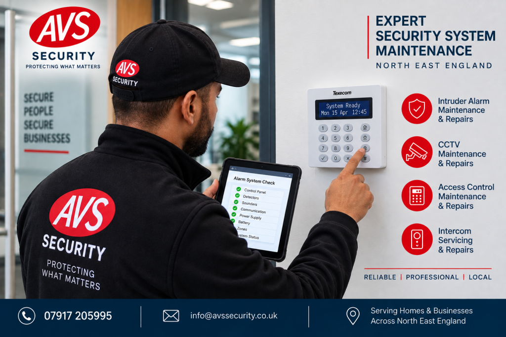 Security engineer carrying out preventative security system maintenance in North East England