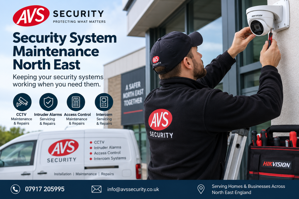 AVS Security engineer carrying out security system maintenance in North East England
