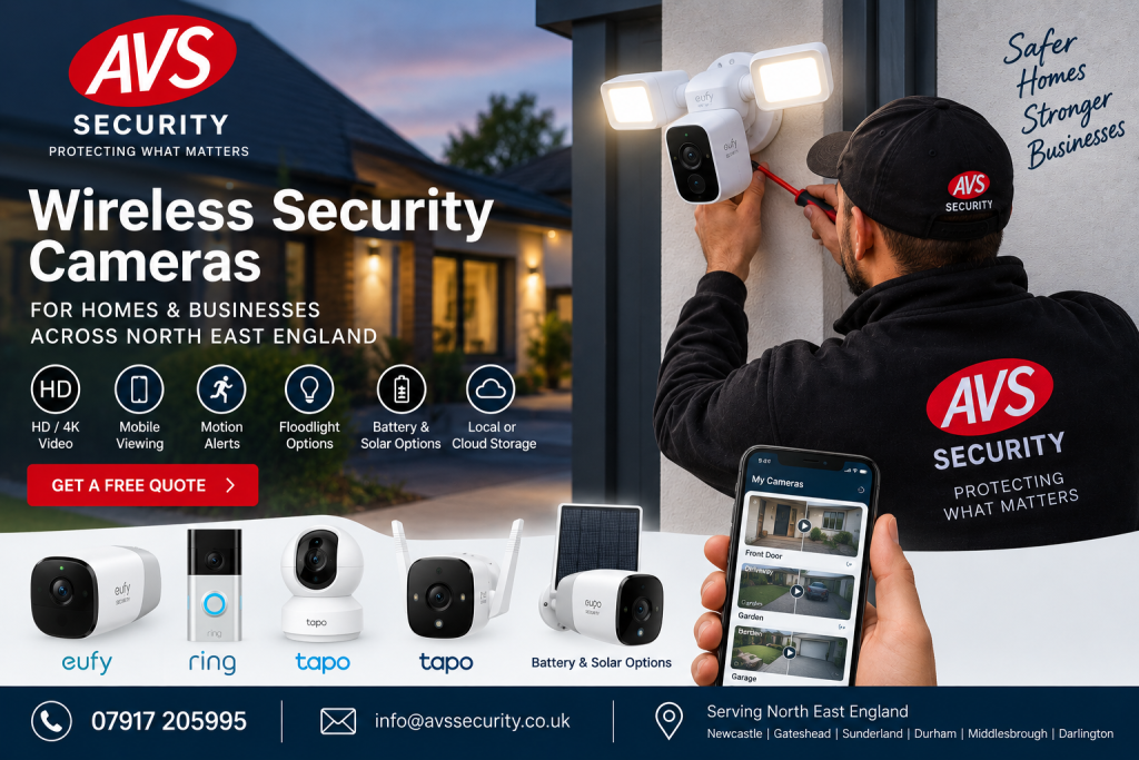 AVS Security engineer installing wireless security cameras in North East England
