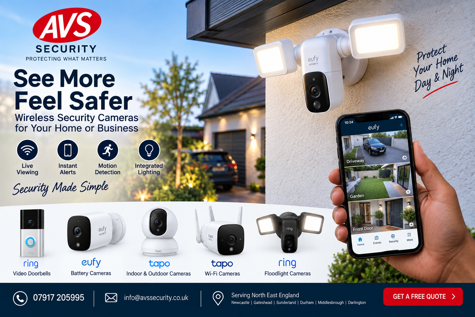 Wireless Security Cameras North East with floodlight, battery and Wi-Fi camera options