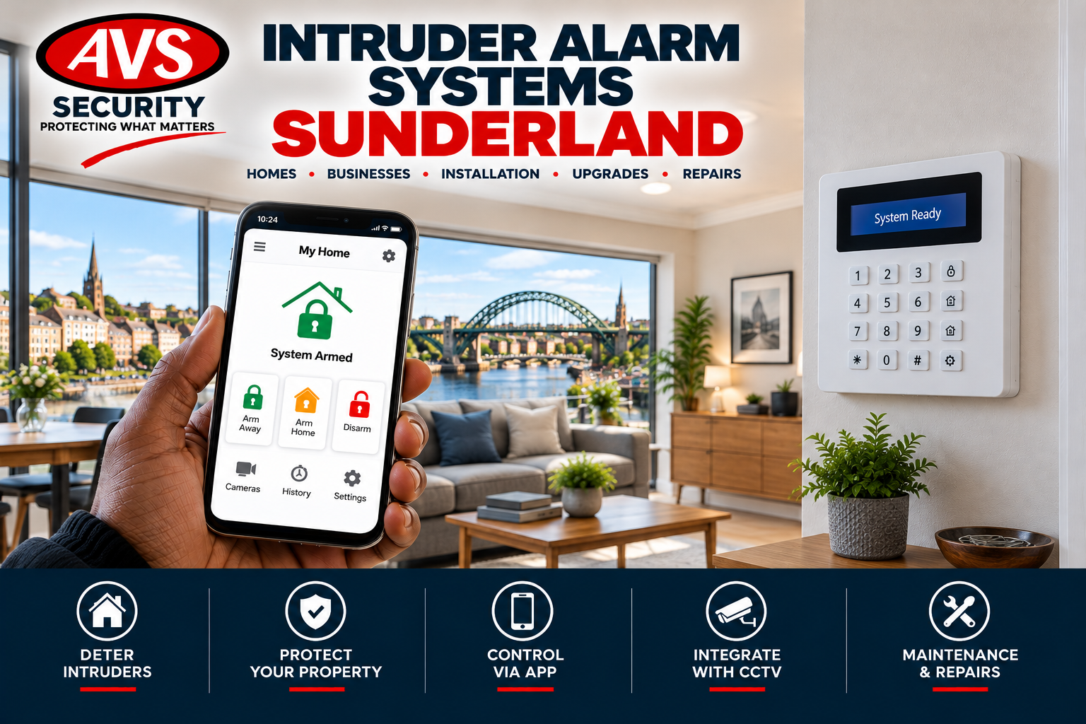 Intruder alarm system with smartphone control and wall-mounted keypad in Sunderland