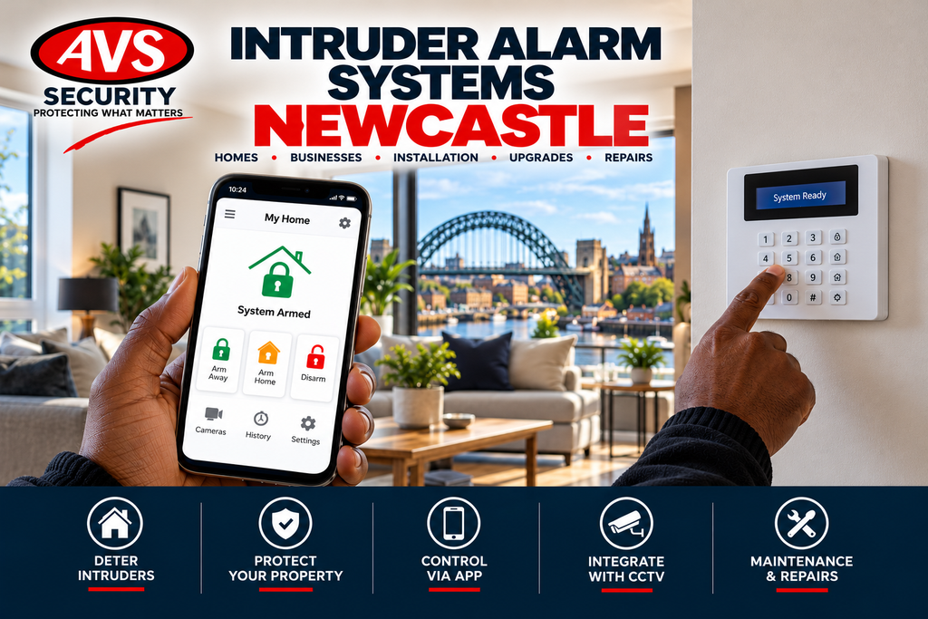 Intruder alarm system with smartphone control and wall-mounted keypad in Newcastle