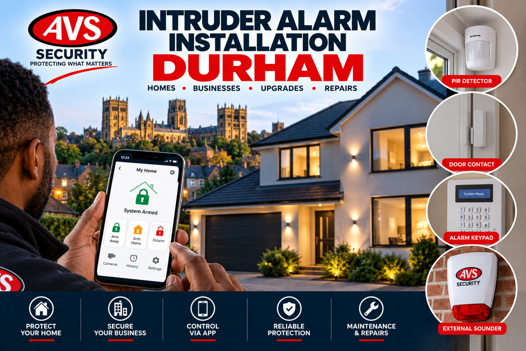 Intruder alarm system with smartphone control for a home in Durham