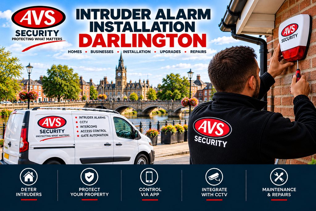 Intruder alarm installation in Darlington by AVS Security engineer fitting an external alarm bell