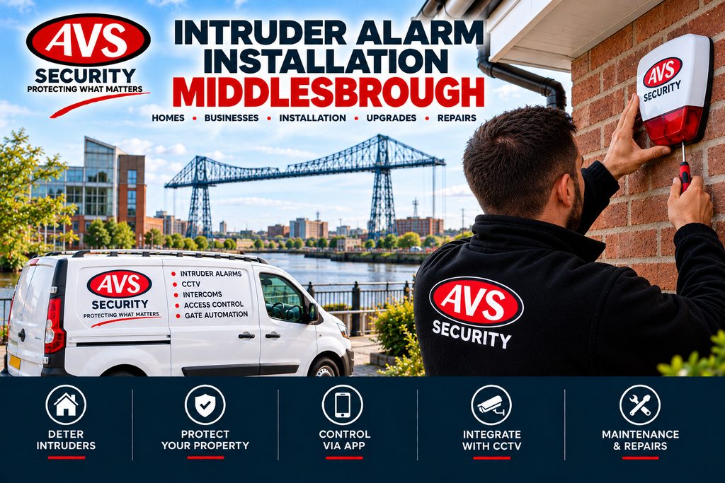 Intruder alarm installation in Middlesbrough by AVS Security engineer fitting an external alarm bell