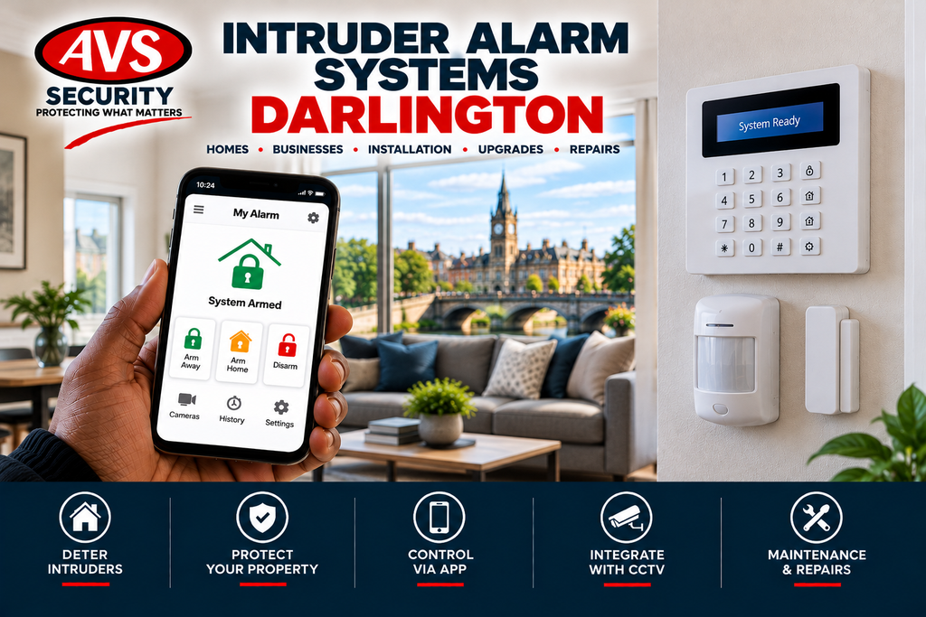 Intruder alarm system in Darlington with smartphone control and wall-mounted keypad