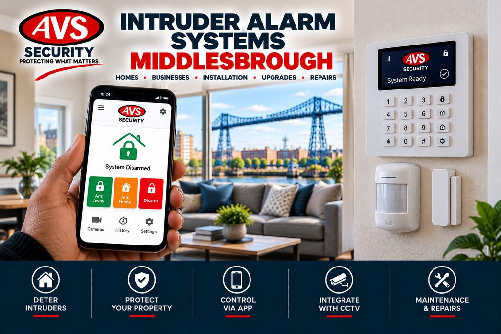 Intruder alarm system in Middlesbrough with smartphone control, wall-mounted keypad and security detectors